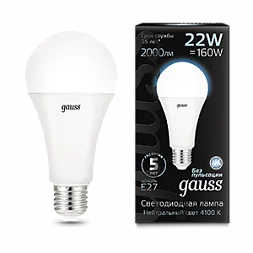 Лампа Gauss A70 22W 2000lm 4100K E27 LED 1/10/50