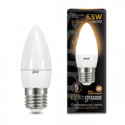 Лампа Gauss Свеча 6.5W 520lm 3000К E27 LED 1/10/100