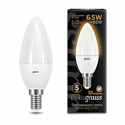 Лампа Gauss Свеча 6.5W 520lm 3000К E14 LED 1/10/100